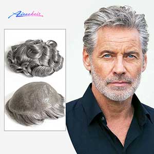 Stock Quick Delivery Full PU Skin Human Hair Men Toupee with Grey Hair